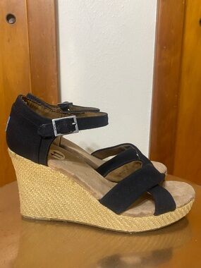 Toms Black Platform Espadrille Wedge Sandals Crisscross Straps Woven Never Worn*